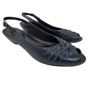 Vintage Hush Puppies Shoes Womens 8N Navy Blue Peep Toe Sling Back Heels USA